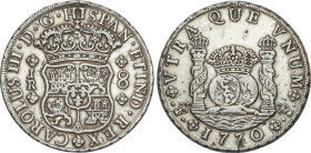 Spanish Monarchy
8 Reales. 1770. POTOSÍ. J.R. 26,80 grs. Columnario. (Perforación reparada a las 12 h). ESCASA. AC-1168. (MBC+).