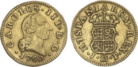 Spanish Monarchy
1/2 Escudo. 1760. MADRID. J.P. 1,75 grs. Cara de Rata. Corona lisa. AC-1242. MBC.