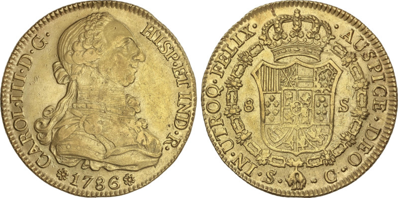 Spanish Monarchy
8 Escudos. 1786. SEVILLA. C. 26,98 grs. (Rayas en reverso). AC...