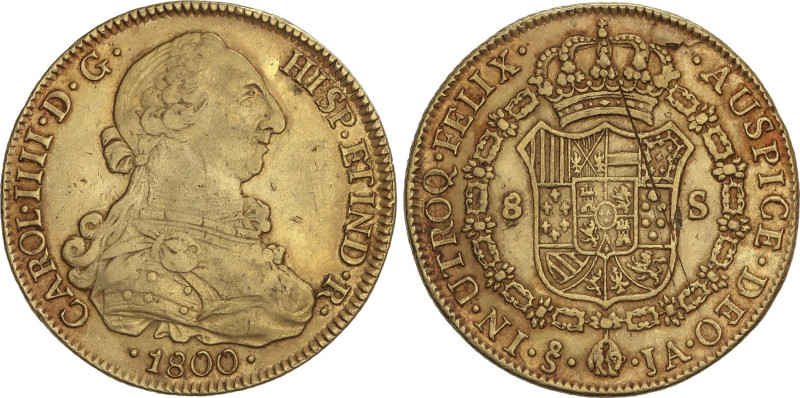 Spanish Monarchy
8 Escudos. 1800. SANTIAGO. J.A. 26,94 grs. Busto de Carlos III...