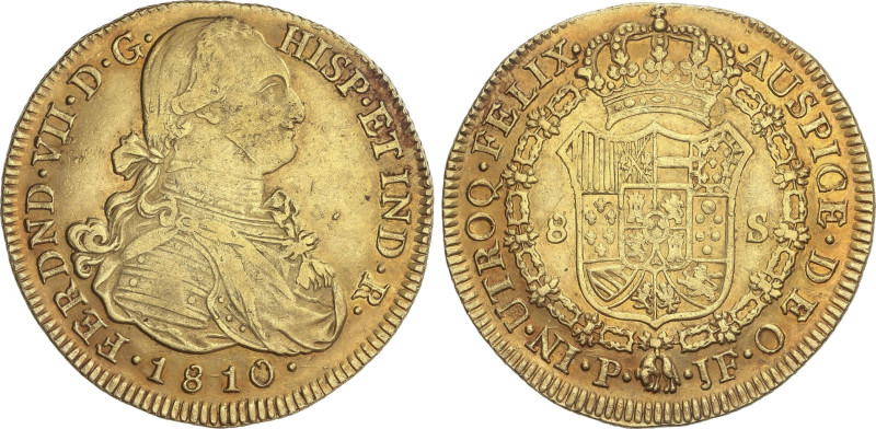 Spanish Monarchy
8 Escudos. 1810. POPAYÁN. J.F. 26,98 grs. Busto de Carlos IV. ...