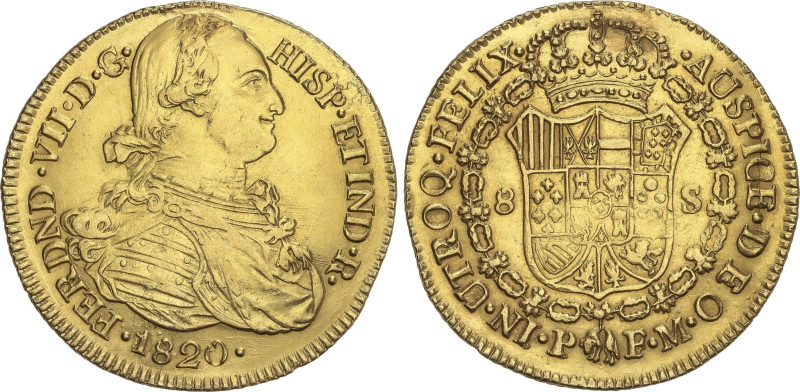 Spanish Monarchy
8 Escudos. 1820. POPAYÁN. F.M. 26,95 grs. Busto de Carlos IV. ...