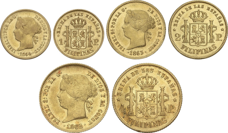 Spanish Monarchy
Lote 3 monedas 1, 2 y 4 Pesos. 1862, 1863 y 1864. MANILA. 1,69...