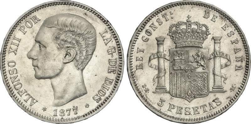 Peseta Period
5 Pesetas. 1877 (*18-77). D.E.-M. Leves rayitas de limpieza. EBC.