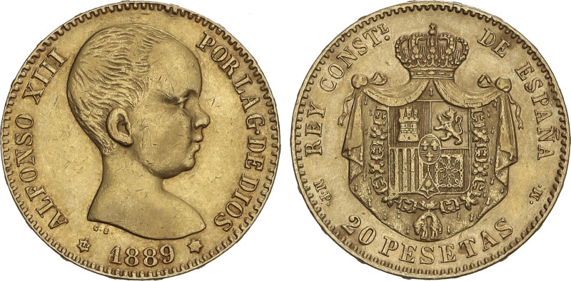 Peseta Period
20 Pesetas. 1889 (*18-89). M.P.-M. MBC+.