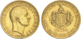 World Coins
20 Franga Ari. 1937-R. ZOG I. ROMA. 6,44 grs. AU. 25 Aniversario de la Independencia. ESCASA. Fr-12; KM-20. EBC-.