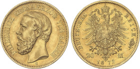 World Coins
20 Mark. 1872-G. FRIEDRICH I. BADEN. KARLSRUHE. 7,92 grs. AU. Fr-3752; KM-261. EBC.