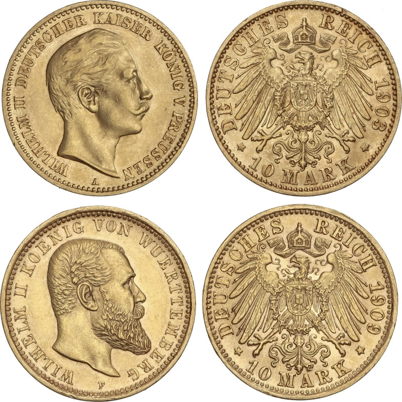World Coins
Lote 2 monedas 10 Mark. 1903-A. PRUSSIA y WÜRTTEMBERG. 3,95 y 3,97 ...