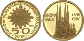 World Coins
50 Diners. 1990. 17,02 grs. AU. Sagrada Familia. Tirada máxima: 5.000 piezas. ESCASA. Fr-9; KM-62. PROOF.