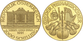 World Coins
2.000 Schilling. 1991. 31,10 grs. AU. Orquesta Filarmónica de Viena. Fr-B1, KM-2990. PROOF.