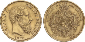 World Coins
20 Francs. 1870. LEOPOLD II. Anv.: Posición A en leyenda canto. 6,42 grs. AU. Rayitas en reverso. Fr-412, KM-37. EBC.