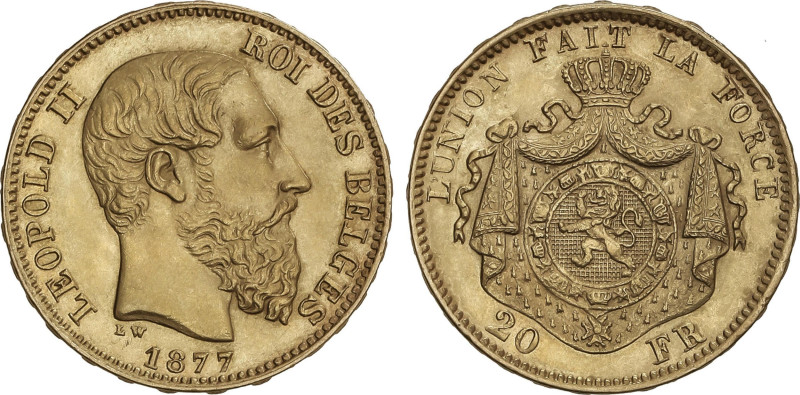 World Coins
20 Francs. 1877. LEOPOLD II. 6,43 grs. AU. Fr-412; KM-37. EBC.
