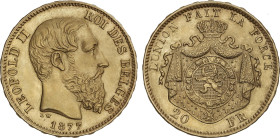 World Coins
20 Francs. 1877. LEOPOLD II. 6,43 grs. AU. Fr-412; KM-37. EBC.