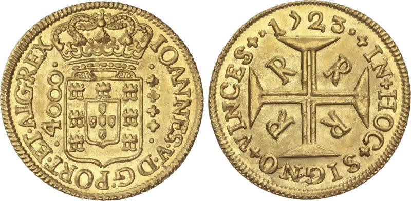 World Coins
4.000 Reis. 1723. JOAO V. RIO DE JANEIRO. 10,75 grs. AU. Restos de ...