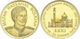 World Coins
100 Dollars. 1987. SULTAN HASSANAL BOLKIAH. 13.53 grs. AU. 20 Aniversario Brunei Currency Board: Mezquita. Tirada máxima: 1000 piezas. MU...