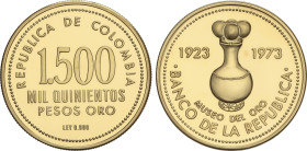 World Coins
1.500 Pesos. 1973. 19,06 grs. AU. 50 Aniversario del Museo del Oro del Banco Central de Bogotá. Fr-132; KM-255. FDC.