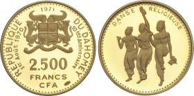 World Coins
2.500 Francs. 1971. 8,85 grs. AU. Danza religiosa: 3 danzantes. Tirada máxima: 960 piezas. MUY RARO. Fr-4; KM-6. PROOF.