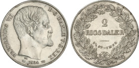 World Coins
2 Rigsdaler. 1854. FREDERIK VII. FK-VS. 28,75 grs. AR. (Leves rayitas y golpecitos). ESCASA. KM-761.2. MBC+.