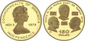 World Coins
150 Dollars. 1979. 9,59 grs. AU. Tratado de Paz entre Israel y Egipto: Bustos de Carter, Sadat y Begin con banderas. Tirada máxima MUY BA...