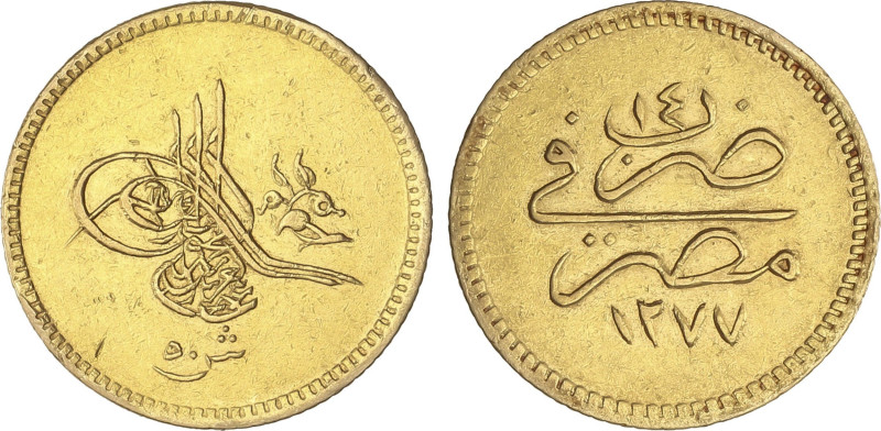 World Coins
50 Qirsh (1/2 Pound). 1277 d.H./14 (1873 d.C.). ABDUL AZIZ. 4,27 gr...