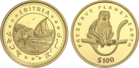 World Coins
100 Dollars. 1994. 6,21 grs. AU. Especies en peligro: Colobus Monkey. Tirada máxima: 5.000 piezas. ESCASO. Fr-4; KM-23. PROOF.
