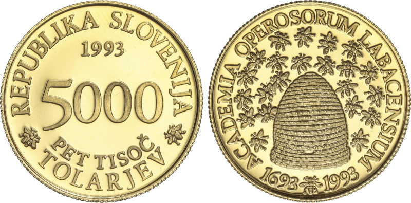 World Coins
5.000 Tolarjev. 1993. 7,03 grs. AU. 300 Aniverserio Operosorum Laba...