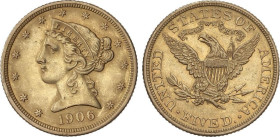 World Coins
5 Dollars. 1906. 8,35 grs. AU. Coronet Head. (Pequeños golpecitos). Fr-143; KM-101. EBC.