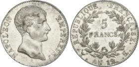 World Coins
5 Francs. An 12-K. NAPOLEON EMPEREUR. BORDEAUX. 24,92 grs. AR. (Algo limpiada). Restos de brillo original. KM-660.6. EBC/EBC-.