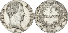 World Coins
5 Francs. 1807-M. NAPOLEON EMPEREUR. TOULOUSE. 24,87 grs. AR. (Rayitas, pequeña grieta en canto). KM-673.9. EBC-.
