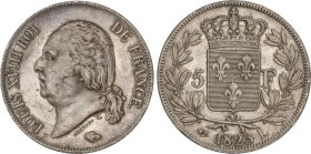 World Coins
5 Francs. 1823-L. LOUIS XVIII. BAYONNE. 24,81 grs. AR. (Rayitas de ajuste en anverso). Ligera pátina. KM-711.8. EBC-.