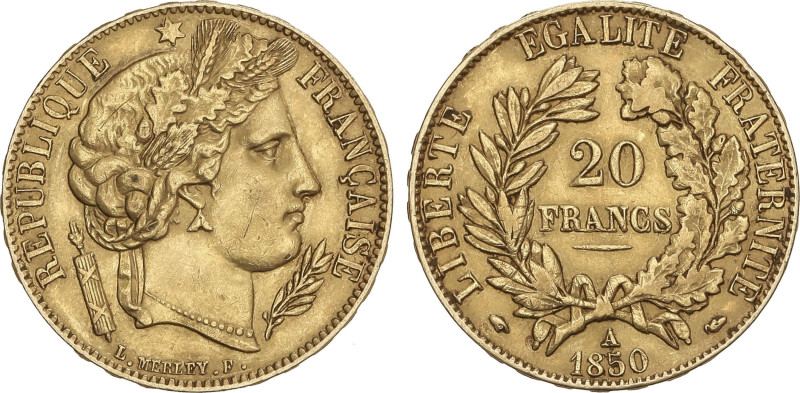 World Coins
20 Francs. 1850-A. II REPUBLIQUE. PARIS. 6,42 grs. AU. Fr-566; KM-7...