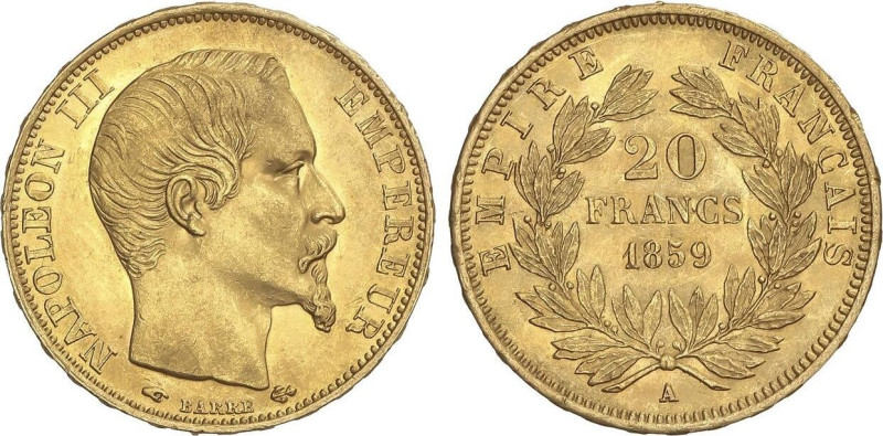 World Coins
20 Francs. 1859-A. NAPOLEON III. PARIS. 6,44 grs. AU. Restos de bri...