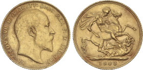 World Coins
Sovereign. 1908. EDWARD VII. 7,96 grs. AU. Fr-400, KM-805. EBC-/MBC+.
