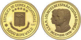 World Coins
5.000 Bipkwele. 1979(*80). 3,98 grs. AU. Visita de los Reyes de España. Tirada máxima: 2.000 piezas. Fr-17; X-M3. PROOF.