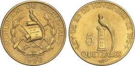 World Coins
5 Quetzales. 1926. 8,33 grs. AU. (Levísimos golpecitos). Fr-50; KM-244. EBC.