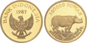 World Coins
200.000 Rupiah. 1987. 10,29 grs. AU. Vida salvaje: Rinoceronte de Java. Tirada: 5.000 piezas. Fr-7; KM-46. PROOF.