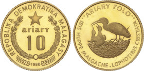 World Coins
10 Ariary. 1988. 10,00 grs. AU. World Wildlife Fund: Ibis. Tirada máxima: 5.000 máxima. (Ínfimas rayitas). Fr-1; KM-16. PROOF.