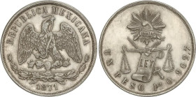 World Coins
1 Peso. 1871. SAN LUIS de POTOSÍ. O. 27,12 grs. AR. Tipo Balanzas. MUY ESCASA. KM-408.7. EBC.