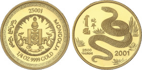 World Coins
2.000 Tugrik. 2001. 7,72 grs. AU. Año lunar de la serpiente. En estuche original con certificado. Tirada máxima: 2.000 piezas. ESCASA. KM...