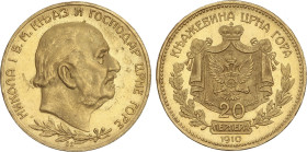 World Coins
20 Perpera. 1910. NICHOLAS I. 6,77 grs. AU. Tirada máxima: 30.000 piezas. (Golpecitos). Brillo original. ESCASA. Fr-2; KM-10. EBC+.