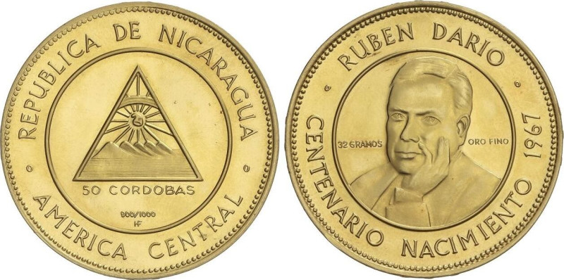 World Coins
50 Cordobas. 1967-H.F. 35,51 grs. AU. Centenario de Ruben Dario. Ti...