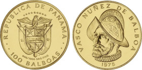 World Coins
100 Balboas. 1975. 8,16 grs. AU. V Centenario Vasco Núñez de Balboa. En cartón presentación BRILLIANT UNCIRCULATED SPECIMEN. Fr-1; KM-41....