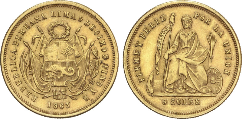 World Coins
5 Soles. 1863. LIMA. Y.B. 8,08 grs. AU. Fr-72; KM-192. EBC-.