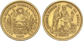 World Coins
5 Soles. 1863. LIMA. Y.B. 8,08 grs. AU. Fr-72; KM-192. EBC-.