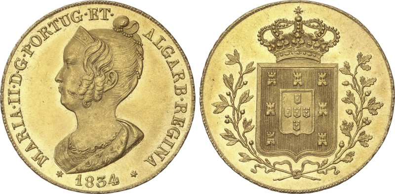 World Coins
Peça (6.400 Reis). 1834. MARIA II. 14,32 grs. AU. (Hojita en anvers...