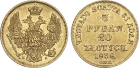 World Coins
3 Roubles 20 Zlotych. 1838-CПБ
 NICHOLAS I. SAINT PETERSBURG. ПД. 3,93 grs. AU. Acuñaciones para Polonia pertenciente al Imperio Ruso. (...