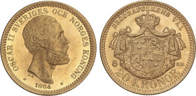 World Coins
20 Kroner. 1884-EB. OSCAR II. 8,95 grs. AU. (Levísimos golpecitos en anverso). Brillo original. BONITA. Fr-93a; KM-765. EBC+/SC-.