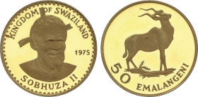 World Coins
50 Emalangeni. 1975. 4,28 grs. AU. 75 Aniversario Sobhuza II: Antilope. Tirada máxima: 3.262 piezas. Fr-7, KM-26. PROOF.