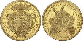 World Coins
10 Zecchini. 1787 Año XII. PIUS VI. BOLOGNA. Anv.: Escudo adornado con tiara papal y llaves cruzadas en aspa. Rev.: San Pedro sentado de ...