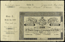 Spanish Banknotes
Lote 2 billetes 100 Reales de Vellón. 14 Mayo 1857. BANCO DE ZARAGOZA. Serie A. Con matriz, margen superior y sin firmas. Pareja co...